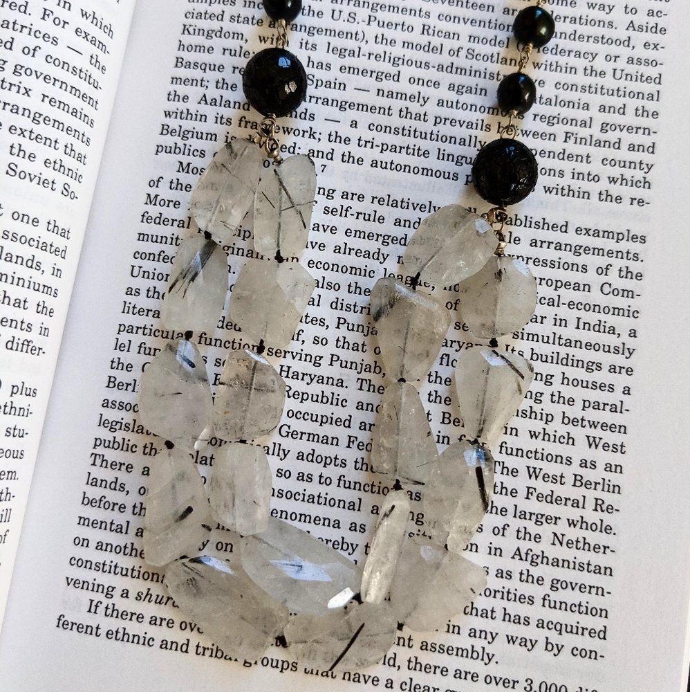 Black Pearl With White Stone Two Layered  Women's Necklace. Party Wedding
